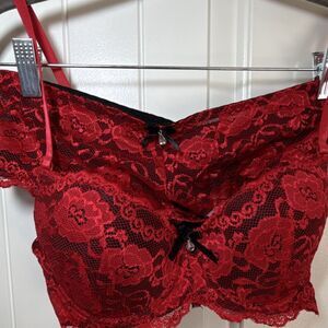 Red Lace Floral Semi-Sheer Bra Set 36C Adjustable Straps Bow Gem Panty L